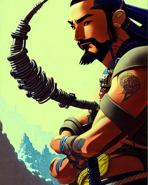 Image similar to hanzo from overwatch, character portrait, portrait, close up, concept art, intricate details, highly detailed, vintage sci - fi poster, retro future, vintage sci - fi art, in the style of chris foss, rodger dean, moebius, michael whelan, and gustave dore