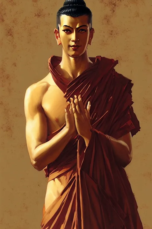 Image similar to buddhism, guard, male, painting by greg rutkowski, j. c. leyendecker, artgerm