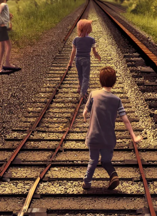 Prompt: young friends walking on train tracks on a sunny day, 1 9 8 0 s, moody cinematic photo, friendship, good feeling, hyper real, octane render, 8 k, photorealism