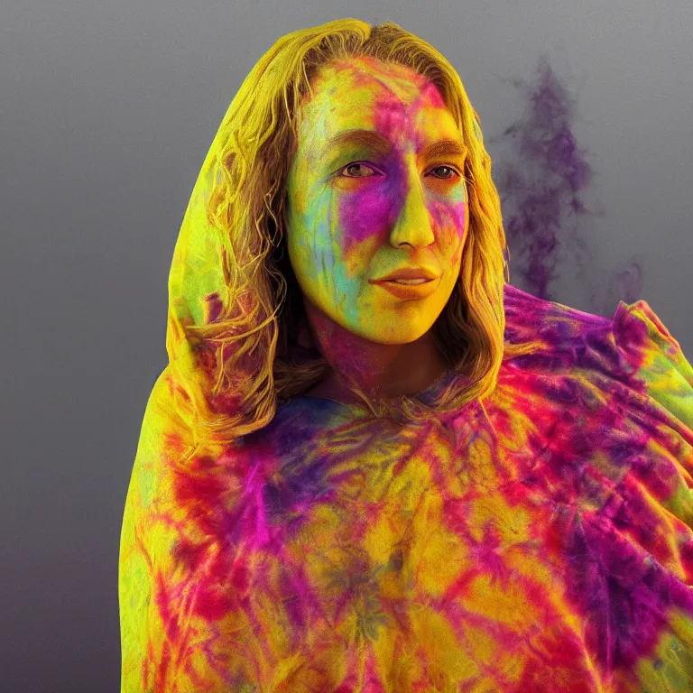 Image similar to octane render portrait by wayne barlow and carlo crivelli and glenn fabry, a woman wearing a skintight bright colorful tie - dye bedsheet costume, backlit, dramatic lighting, fog and mist, cinema 4 d, ray traced lighting, very short depth of field, bokeh