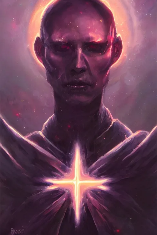 Image similar to portrait of the galactic arch bishop of death, the nova cross holds the power of the sun, by ross tran, oil on canvas