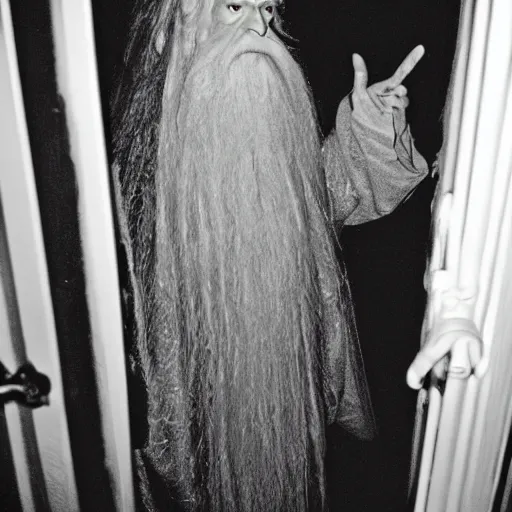 Prompt: grainy photo of gandalf as a creepy monster in a closet, harsh flash