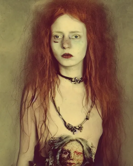 Prompt: an instant photo of a beautiful but creepy young woman in layers of fea, with haunted eyes and wild hair, wearing a vivienne westwood choker, 1 9 7 0 s, seventies, wallpaper, moorland, a little blood, moonlight showing injuries, delicate embellishments, painterly, offset printing technique, by mary jane ansell