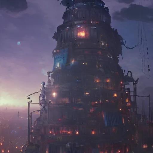 Image similar to Bruegels The Tower of Babel, steampunk city, atmospheric lighting, by Makoto Shinkai