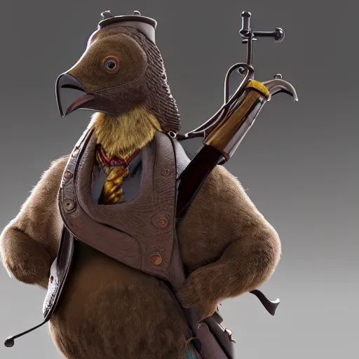 Image similar to a 3 d model of a grouse holding a blunderbuss, studio lighting, octane render, hyper detailed, product photography, 8 k, highly detailed