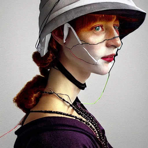 Prompt: a beautiful futuristic portrait with hat made by wires and white gauze twisted around her face, necklace made by wires, design by leonardo davinci, inspired by egon schiele and vermeer, modern art, baroque art jewelry, new classic, hyper realistic, cinematic composition, cinematic lighting, fashion design, concept art, hdri, 4 k -