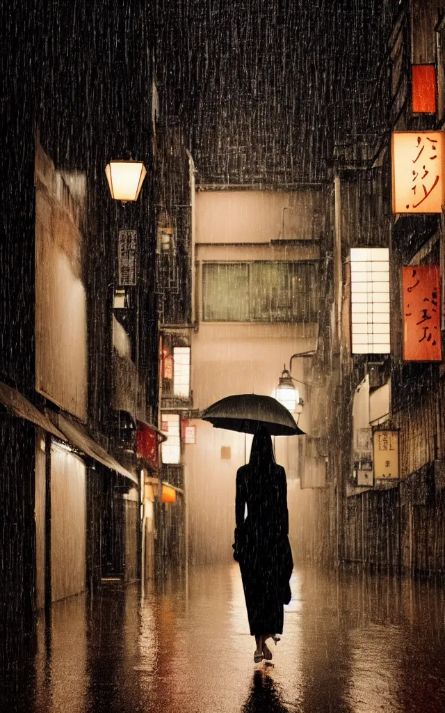 Image similar to a woman wearing a white dress walking on the wet street on a rainy night in kyoto by wes anderson and makoto shinkai. dramatic lighting. cel shading.