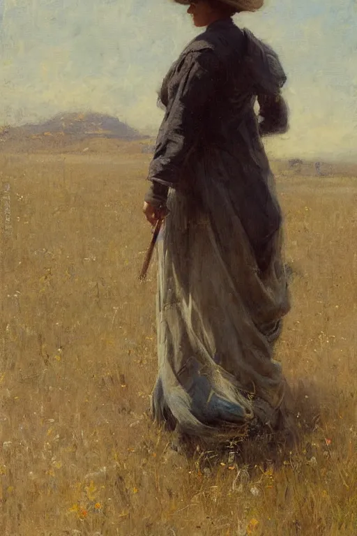 Prompt: Solomon Joseph Solomon and Richard Schmid and Jeremy Lipking painting full length portrait painting of a young woman going to work in the field