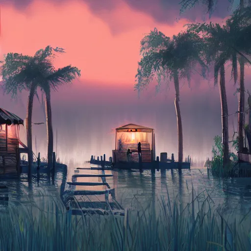 Image similar to digital art of small florida swamp fishing village on the side of the water, night time, dimly lit by lanterns, trending on artstation