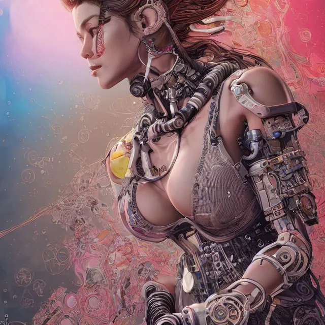 Image similar to the portrait of true neutral semi - colorful female cyborg mechanist as absurdly beautiful, gorgeous, elegant, young swimsuit model, an ultrafine hyperdetailed illustration by kim jung gi, irakli nadar, intricate linework, bright colors, octopath traveler, final fantasy, unreal engine 5 highly rendered, global illumination, radiant light, detailed and intricate environment