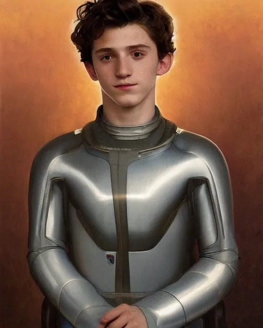 Prompt: a portrait painting of a shy, blushing 1 6 - year old tom holland or timothee chalamet, backlit, wearing a futuristic translucent iridescent plastic space suit with a space helmet, elegant, highly detailed, artstation, concept art, by krenz cushart and donato giancola and william adolph bouguereau and alphonse mucha