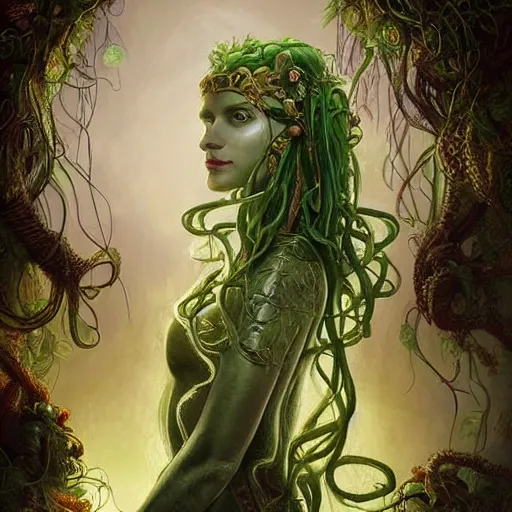 Prompt: beautiful a muse of beauty, medusa Vraska golgari queen, long flowing medusa hair, mostly green and leather pirate armor, young female face, vine like plants and jungle background, cinematic top lighting, insanely detailed and intricate, face by wlop, Charlie Bowater, golden ratio, symmetric, elegant, ornate, luxury, elite, matte painting, MTG, magic the gatheing, cinematic, cgsociety, 8k, high resolution,
