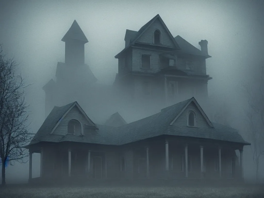 Image similar to a creepy house in the middle of a foggy night, poster art by john carpenter, shutterstock contest winner, gothic art, movie poster, horror film, gothic