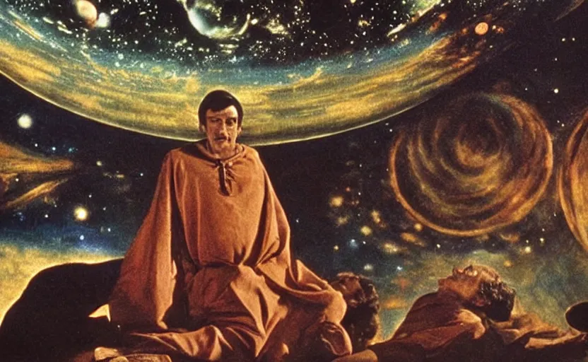 Prompt: scene from cosmologica ( 1 9 6 9 ), a movie by luchino visconti showing a man played by mastroianni leaving the medieval cosmos to enter the new modern universe in the style of renaissance cosmological painting. blue sky with a lot of stars and planets. cinematic, technicolor, direct lighting, highly detailed, highly intricate.