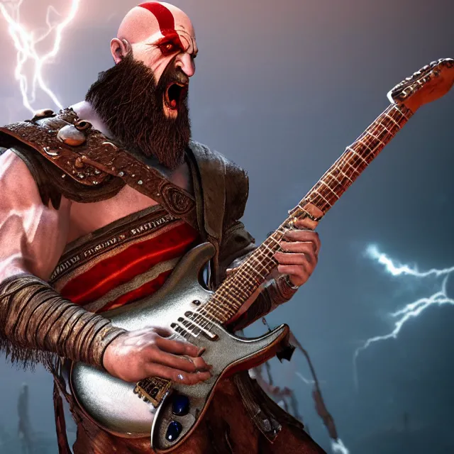 Prompt: screaming kratos rocking out on a stratocaster guitar, cinematic render, god of war 2 0 1 8, playstation studios official media, sunglasses, lightning