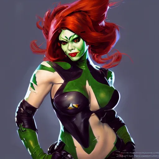 Image similar to greg manchess portrait painting of armored poison ivy as overwatch character, medium shot, asymmetrical, profile picture, organic painting, sunny day, matte painting, bold shapes, hard edges, street art, trending on artstation, by huang guangjian and gil elvgren and sachin teng