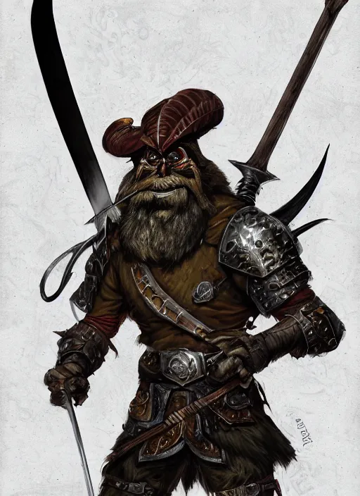 Image similar to strong young man, photorealistic bugbear ranger holding aflaming sword, black beard, dungeons and dragons, pathfinder, roleplaying game art, hunters gear, jeweled ornate leather and steel armour, concept art, character design on white background, by alan lee, norman rockwell, makoto shinkai, kim jung giu, poster art, game art