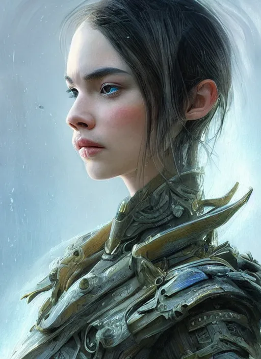 Image similar to a professional portrait of a beautiful young female, clothed in ethereal battle armor, olive skin, long dark hair, beautiful bone structure, symmetrical facial features, intricate, elegant, digital painting, concept art, smooth, sharp focus, finely detailed, illustration, from Valerian and the City of a Thousand Planets, in the style of Ruan Jia and Mandy Jurgens and Artgerm and Greg Rutkowski and William-Adolphe Bouguerea