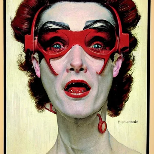 Prompt: Frontal portrait of a crazy sci-fi woman. A painting by Norman Rockwell.
