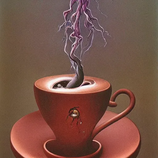 Prompt: eldritch lovecraftian steaming cup of coffee, sci-fi horror, Zdzisław Beksiński, H. R. Giger, Francis Bacon