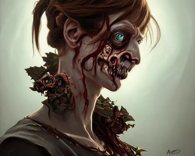 Image similar to formal portrait of a zombie. they are an animal trainer, and would like to be portrayed crouching in an attic room, deep focus, d & d, fantasy, intricate, elegant, highly detailed, digital painting, artstation, concept art, matte, sharp focus, illustration, hearthstone, art by artgerm and greg rutkowski and alphonse mucha