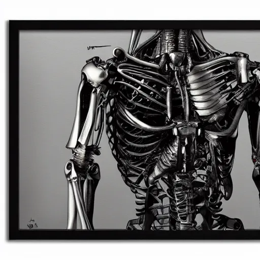 Image similar to terminator steel skeleton, looking away from camera, framed painting, digital painting, concept art, hyperrealism vrubel