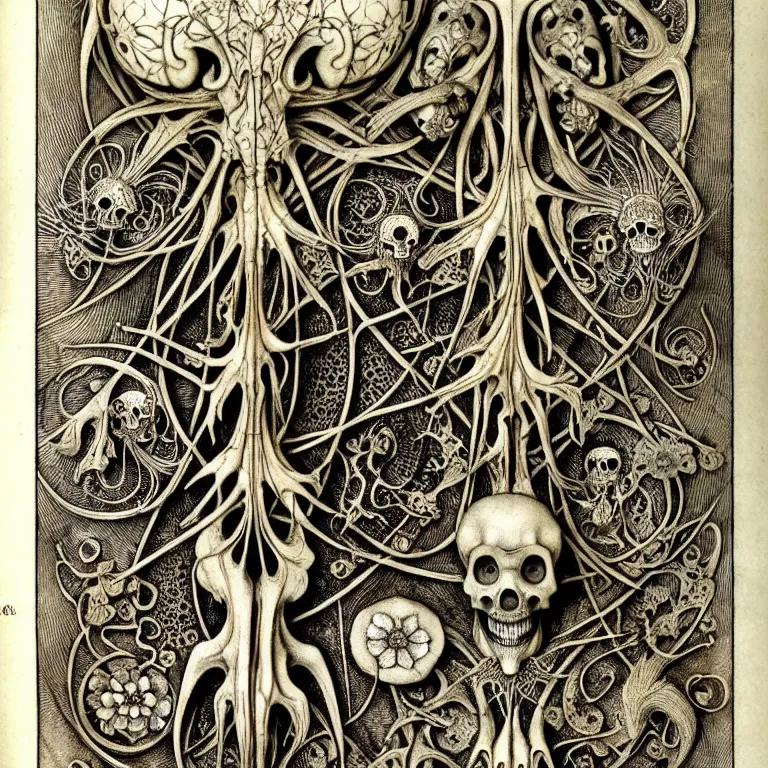 Image similar to memento mori by arthur rackham, art forms of nature by ernst haeckel, exquisitely detailed, art nouveau, gothic, ornately carved beautiful skull dominant, intricately carved antique bone, art nouveau botanicals, ornamental bone carvings, art forms of nature by ernst haeckel, horizontal symmetry, arthur rackham, ernst haeckel