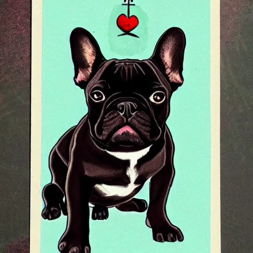 Prompt: black french bulldog, tarot card