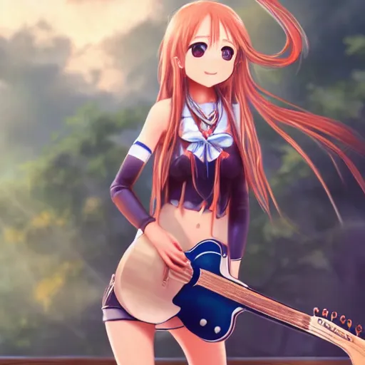 Prompt: a very beautiful little yuuki asuna playing guitar, full body, long wavy blond hair, sky blue eyes, full round face,, bikini, miniskirt, front view, mid - shot, highly detailed, cinematic wallpaper by stanley artgerm lau