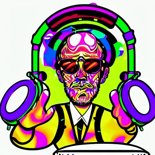 Image similar to svg sticker of a Dancing-Alex-Grey-Psychedelic-Rave-Man, at a rave, spinning records, giant headphones rocking out, wearing headphones, huge speakers, dancing, rave, DJ, spinning records, digital art, amazing composition, rule-of-thirds, award-winning, trending on artstation, featured on deviantart