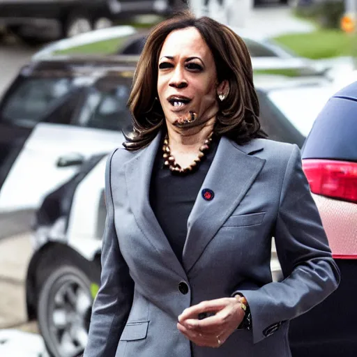 Image similar to kamala harris dressed up in hardcore gangbanger cosplay with face tattoos