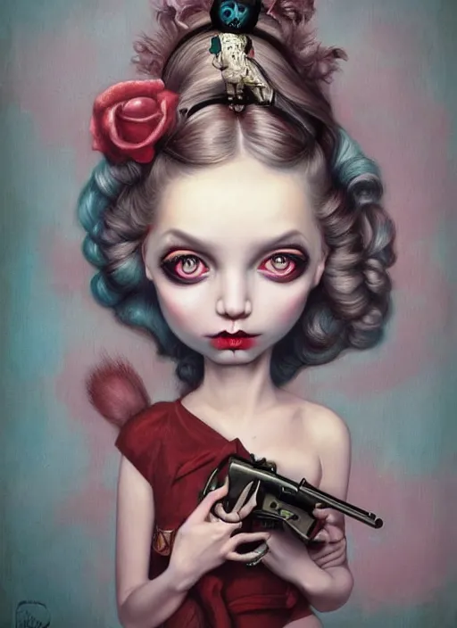 Image similar to pop surrealism, lowbrow art, realistic cute alice girl painting, holding a gun, hyper realism, muted colours, rococo, natalie shau, loreta lux, tom bagshaw, mark ryden, trevor brown style,