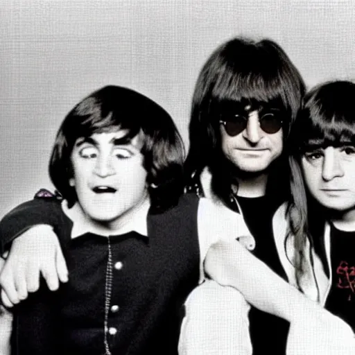 Prompt: Ozzy Osbourne in the Beatles, young Ozzy next to John Lennon and Ringo Star, 1967