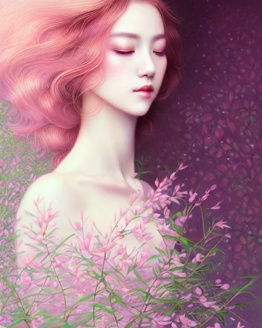 Prompt: portrait of a beautiful lady of nature, graceful beauty, nature aesthetics, dominant shades of pastel colours, head in focus, intricate, elegant, painterly, artstation, artistic, concept art, hasselbrad photography, sharp focus, illustrative, art style by chie yoshii