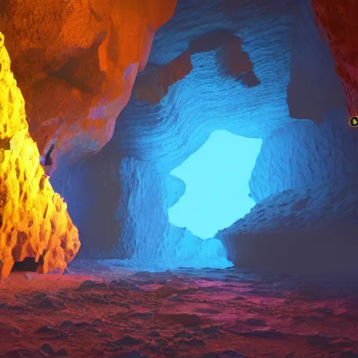 Image similar to cave with big crystals, 8k, colorful, super detailed, super realistic, sharp, volumetric light, ray traced