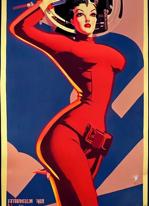 Image similar to american propaganda poster. cyberpunk femme fatale. portrait by jean giraud and anton otto fischer and john philip falter and will eisner and gil elvgren. realistic proportions. tf 2, overwatch.