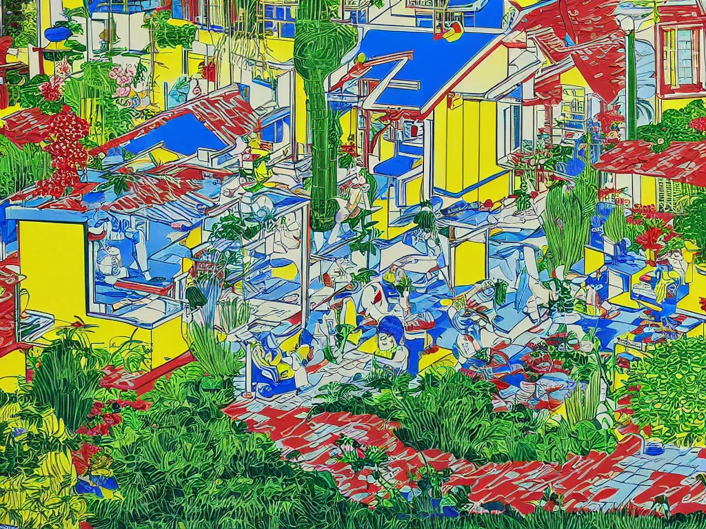 Image similar to close - up image of a house with a garden, a pond in the garden, startroopers are sitting around it, a combination of pop art and traditional japanese painting styles, the style of andy warhol, roy lichtenstein and jackie tsai, bright palette, acrylic on canvas