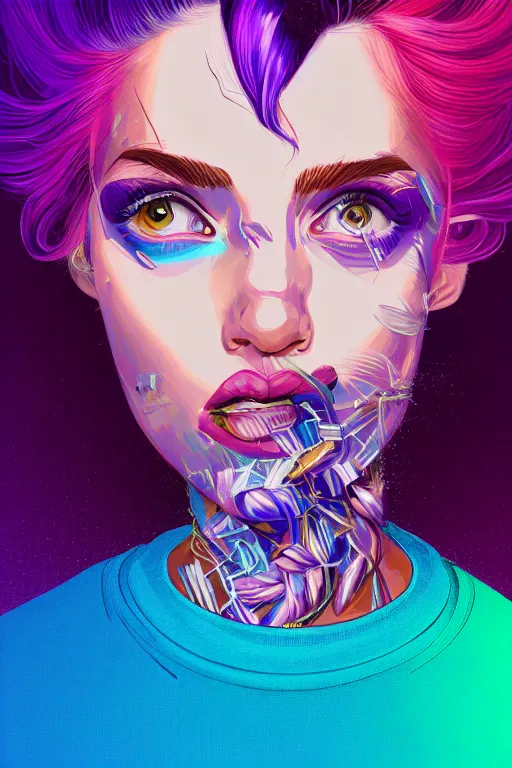 Image similar to a award winning half body portrait of a beautiful woman in a winter sweater with ombre purple pink blue hairstyle with head in motion and hair flying by sandra chevrier, outrun, vaporware, illustration, digital art, trending on artstation, highly detailed, fine detail, intricate