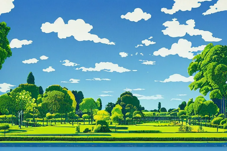 Prompt: summer in sanssouci gardens, row of stratocumulus clouds in the blue sky, the gardens and trees are beautiful by eyvind earle