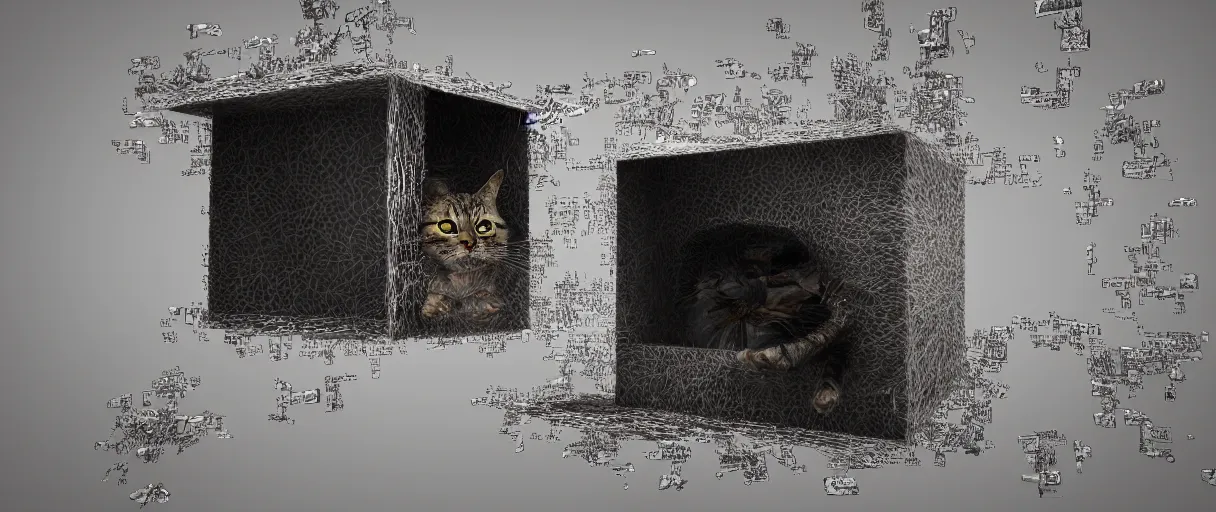 Prompt: 3 d render of schrodinger's cat in a box beeing dead and alive at the same time, 3 d render with elements of glitch art, paradox, quantum superposition, waves and particles, wave function, scifi style, concept art, high detail, particles disintegration, artsation 4 k