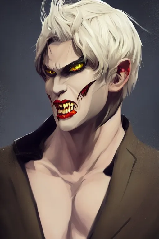 Image similar to A beautiful full body painting of a smug male vampire by kuvshinov Ilya, handsome face, dark coat, white hair, yellow eyes, , trending on artstation, pixiv, 4k, HDR, unreal engine