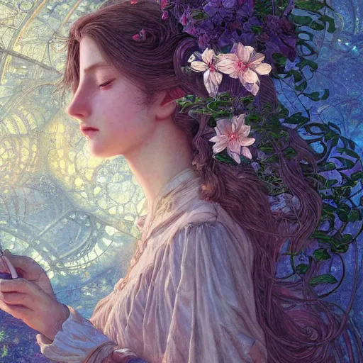 Image similar to aerith gainsborough, intricate, elegant, hyper detailed, finely detailed beautiful angelic symmetry face delicate, smooth, sharp focus, award - winning, masterpiece, in bloom greenhouse, shining light came in through the window, style of tom bagshaw, cedric peyravernay, peter mohrbacher, louis comfort tiffany, victo ngai, 4 k hd illustrative wallpaper