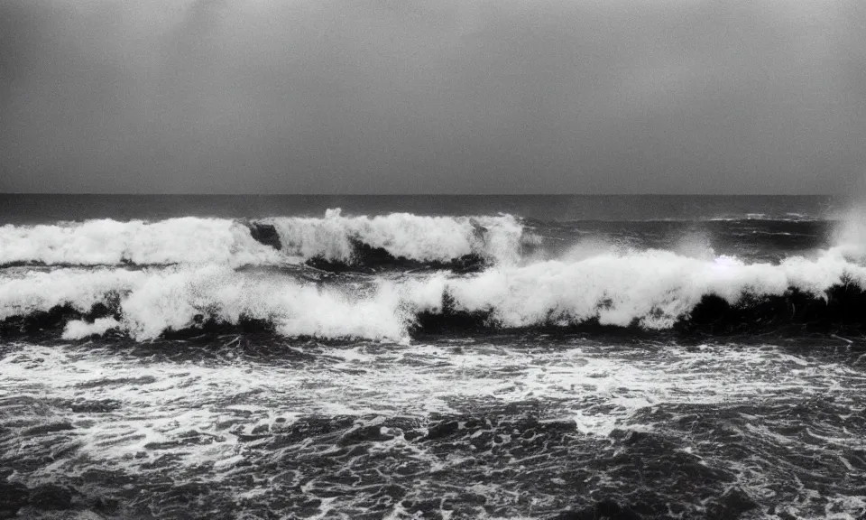 Prompt: 3 5 mm film still, stormy ocean atlantis city
