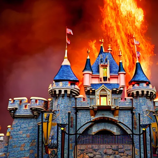 Image similar to the disneyland castle on fire, highly detailed, 8 k resolution, ultra realistic