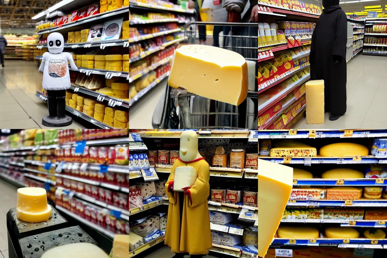 Prompt: a medieval sentinel guards a piece of cheese in a supermarket