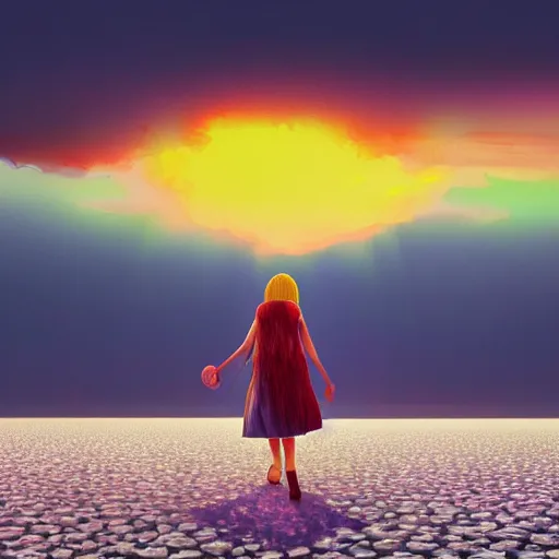 Image similar to giant daisy flower head, girl walking on salt flats mountains, surreal photography, sunrise, dramatic light, impressionist painting, colorful clouds, digital painting, artstation, simon stalenhag