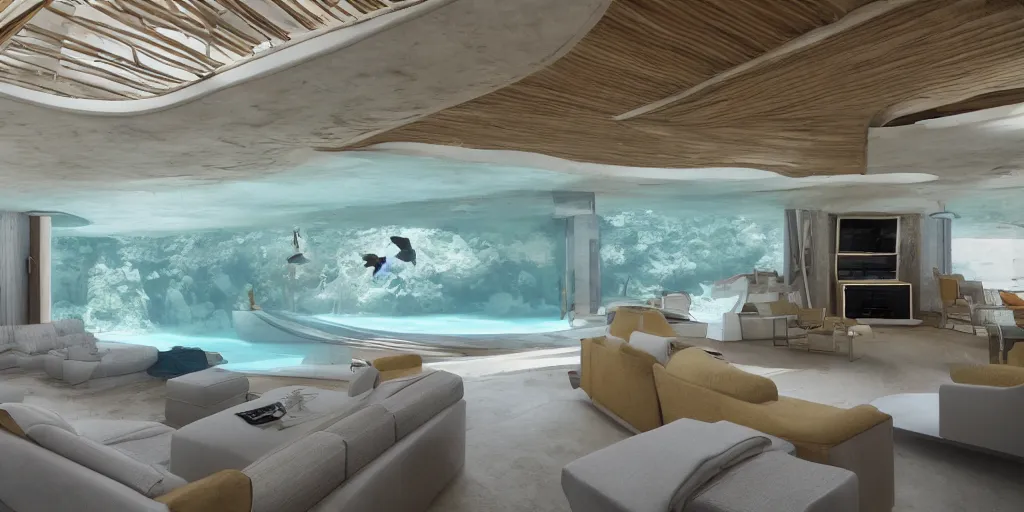 Image similar to interior of residence that is an underwater concrete dome