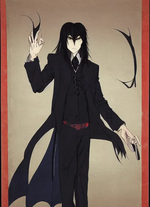 Prompt: portrait by studio gainax, handsome male vampire, focus on face, long black hair, dark blue shirt, light brown coat, red - eyes,