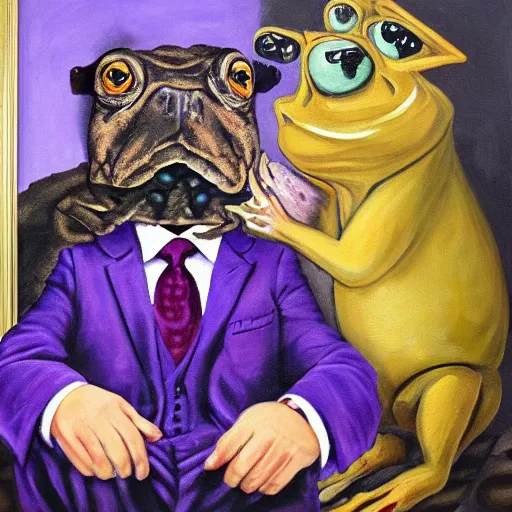 Image similar to Portrait of a psychotic crossbreed between a rabid dog and a toad, in a purple suit, oil painting