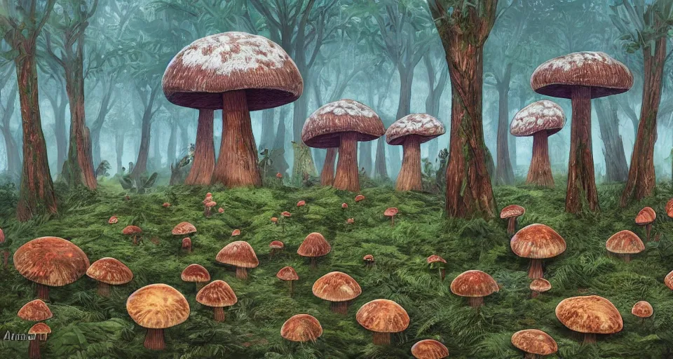 Image similar to A tribal village in a forest of giant mushrooms, by Esao Andrew